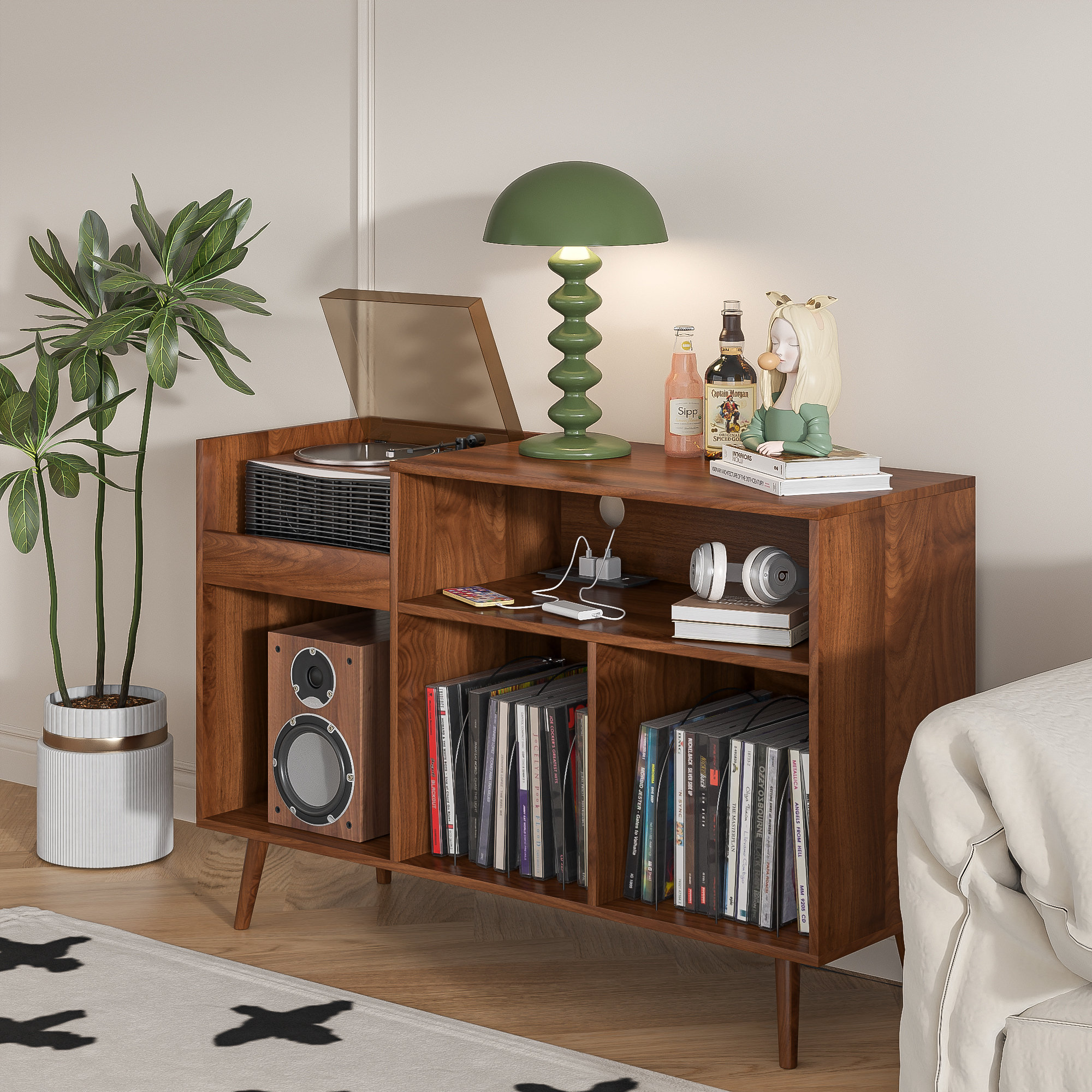 Audio Rack Record Player Stand with Charging Station USB Ports George Oliver Color Wood